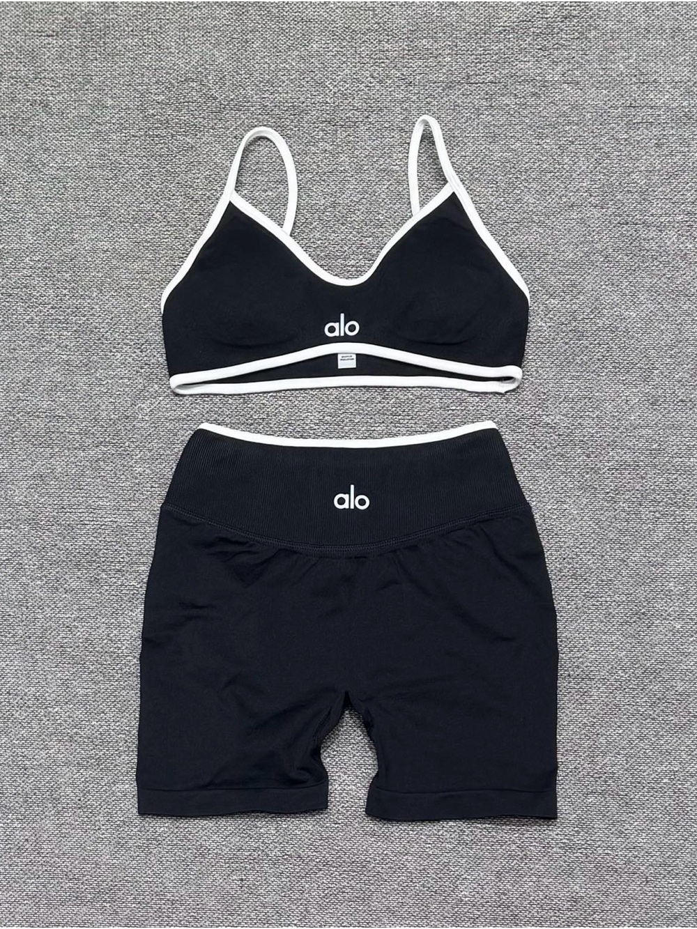 ALO Yoga Black and White Ribbed Bike Shorts and Bralette Set